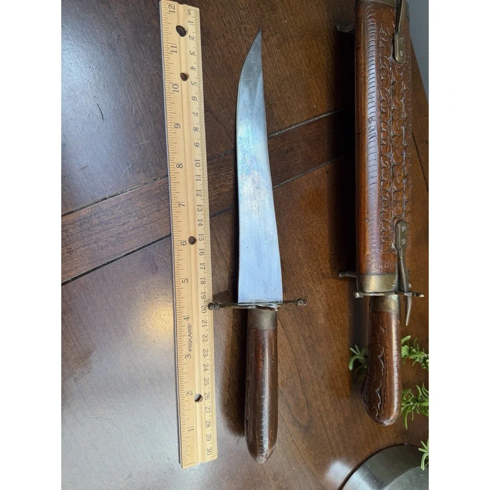 Vtg East India Knife & Fork Carving Set Brass Accents Carved Wood Handles